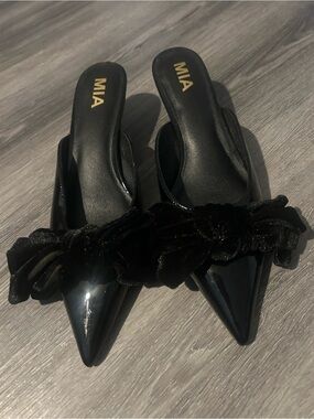 MIA Black Pointed Slip-On Mules with Velvet Knot